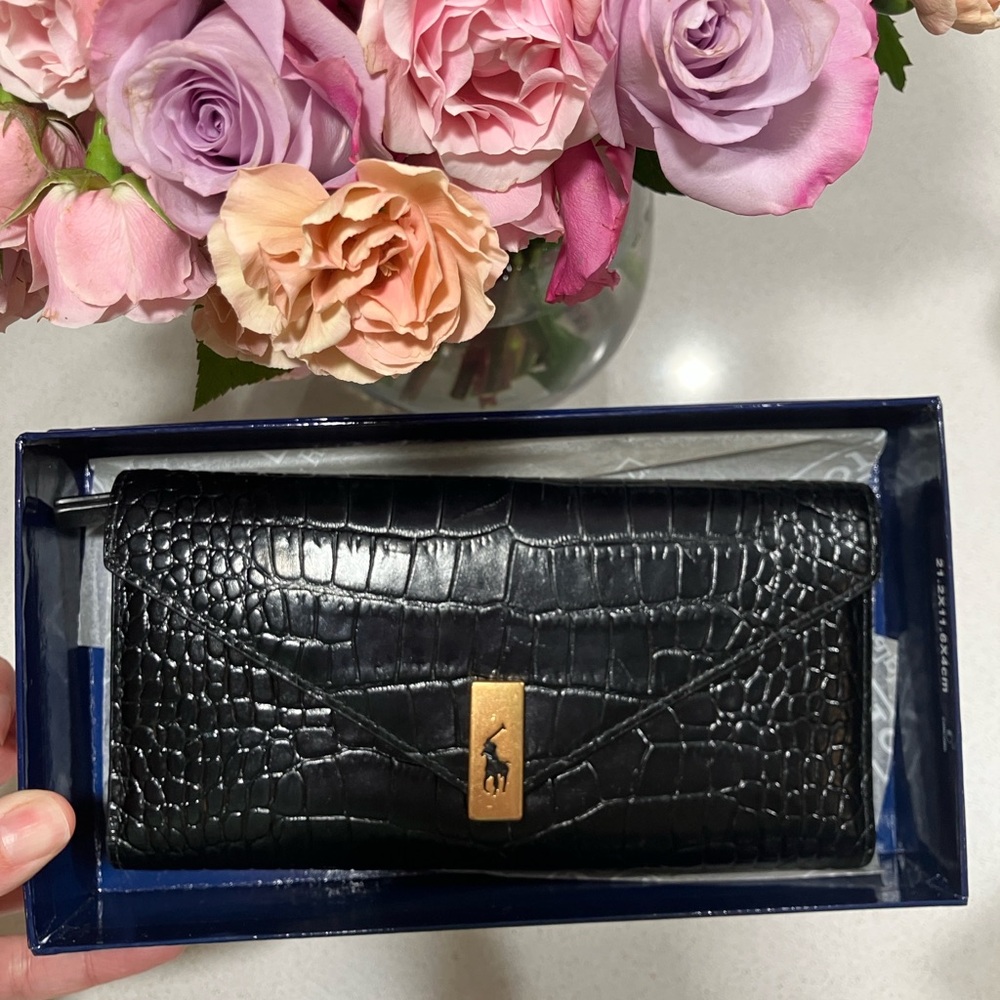 Ralph Lauren Black Croc-Embossed Clutch with Gold Accent - USED